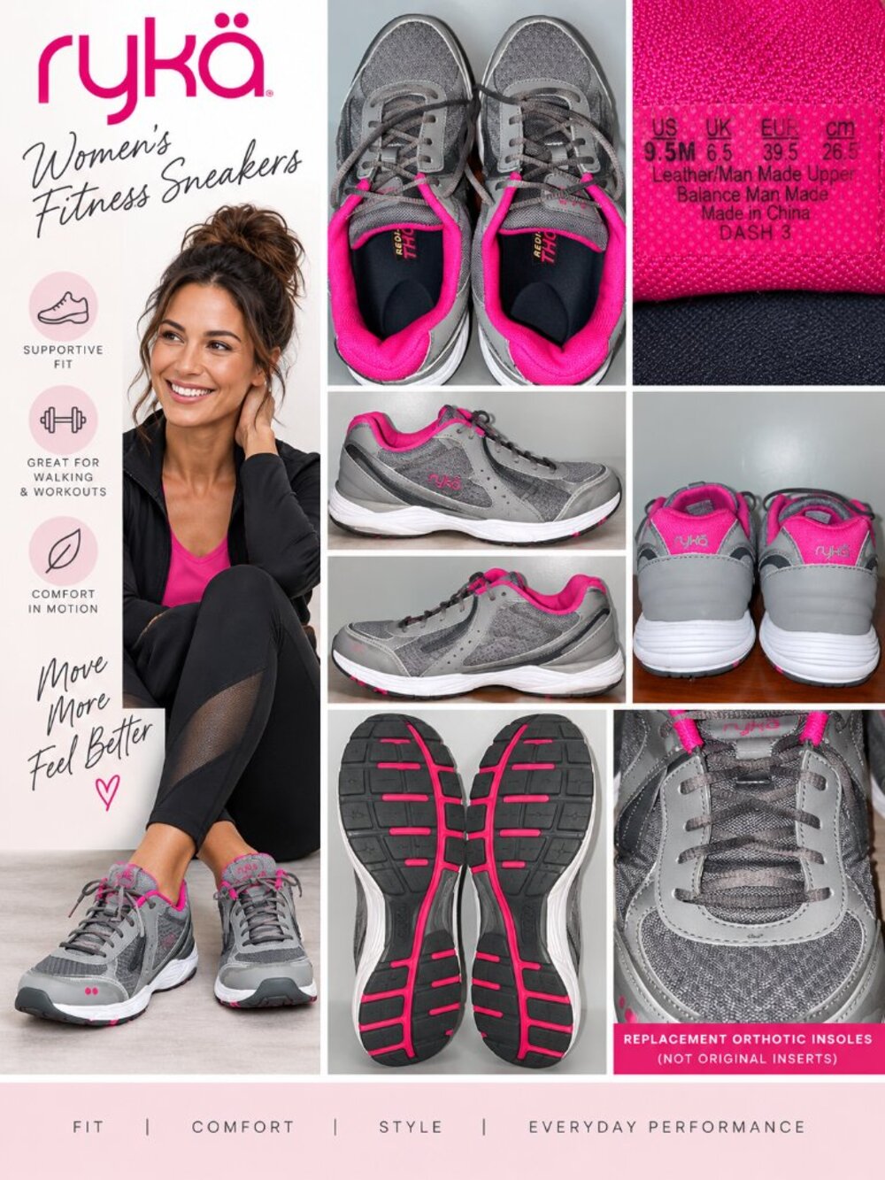 Ryka Dash 3 Gray Pink Walking Sneakers Women’s Size 9.5M
